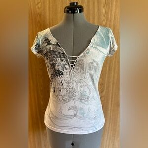 White, blue, and silver Archaic short sleeve top, laced detail and feathers sz M